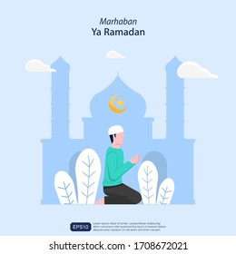 Marhaban ya ramadan concept. Man muslim character is praying with mosque background. Islamic vector template illustration