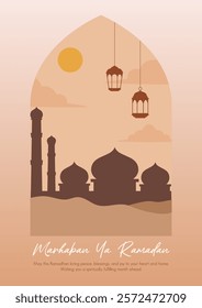 Marhaban ya Ramadan greeting card with mosque, lantern and desert in boho style. Vector illustration ramadan for greeting card, poster and banner.