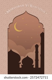 Marhaban ya Ramadan greeting card with mosque, crescent moon and islamic pattern in boho style. Vector illustration ramadan for greeting card, poster and banner.