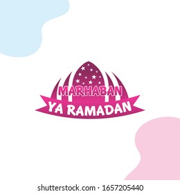 Marhaban ya ramadan illustration with mosque, stars, and typography. Arabic text means "welcome ramadan". Usable for greeting card, banner, background, and islamic graphic asset.