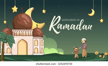 Marhaban Ya Ramadan Means Welcome to Ramadan Month. Illustration of Father and Son Walked To Mosque to Peform Taraweh in Ramadan Month Vector Illustration. 