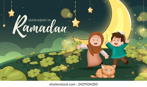 Marhaban Ya Ramadan Means Welcome to Ramadhan Month. Ramadhan Kareem Poster Template with Moslem Boy and Girl Happily Welcoming Ramadhan Event