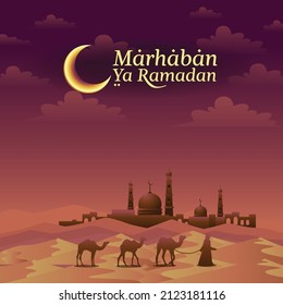 Marhaban Ya Ramadan Mosque Man With Camel on Desert Background Illustration