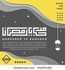 marhaban ya ramadan poster design in papper art style good for social media post, banner, greeting card.