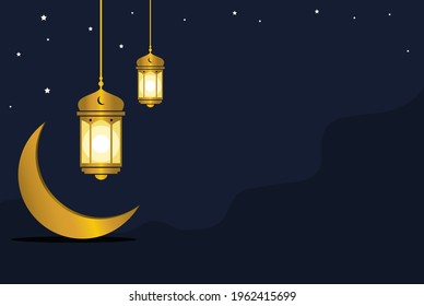 Marhaban ya Ramadan vector theme product islamic display background with crescent moon and Islamic decorations.