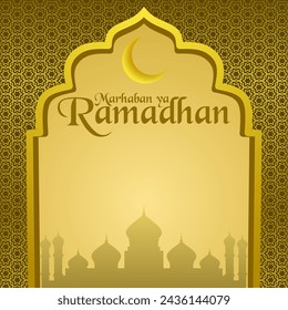 Marhaban ya Ramadhan greeting card design with Islamic background, mosque silhouette and decorative elements