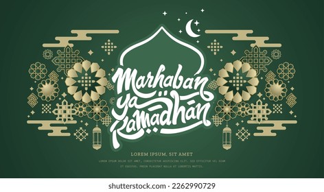 Marhaban Ya Ramadhan Greeting with hand lettering calligraphy and illustration. translation: "Welcome Ramazan, Muslim holy month". Islamic greeting background can use for Eid Mubarak