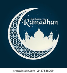 Marhaban ya Ramadhan greeting vector illustration, white crescent islamic design with abstract pattern and mosque silhouette on dark blue background