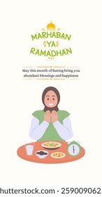 Marhaban Ya Ramadhan greetings. A Muslim woman breaking fast at Iftar