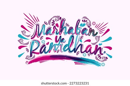 Marhaban Ya Ramadhan lettering calligraphy and illustration. Welcome Ramazan, Muslim holy month, text design ramadhan, Islamic greeting background can use for Eid Mubarak