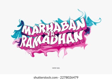 Marhaban Ya Ramadhan lettering calligraphy and illustration. Welcome Ramazan, Muslim holy month, text design ramadhan, Islamic greeting background can use for Eid Mubarak