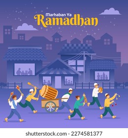 Marhaban Ya Ramadhan, translation: Welcome Ramadan with Betawi tradition called Ngarak Bedug (parading a big wooden drum to wake up neighbors for sahur(predawn meals) during the Ramadhan fasting month