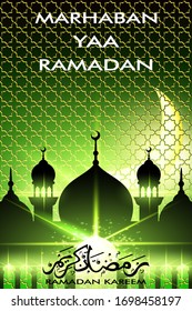 Marhaban Yaa Ramadan, Ramadan Kareem islamic greeting design mosque dome with sparkling light and moonshine with arabic calligraphy