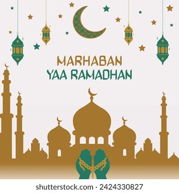 marhaban yaa ramadhan with the silhouette of a mosque, crescent moon, rosary and lantern