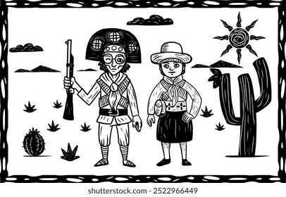 Lampião and Maria Bonita couple. Traditional leather clothing, cowboys from northeastern Brazil. Woodcut style.