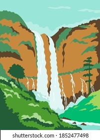 Maria Cristina Falls or Twin Falls Waterfall in Agus River Iligan City Philippines WPA Poster Art Color