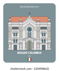 Maria Santissima Assunta in Cielo of Reggio Calabria, Italy. Architectural symbols of European cities. Colorful vector 