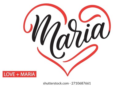Maria Typografie in Herzform. Maria Name Typografie. Maria Name Design. Romantisches und minimalistisches Design.