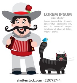 Mariachi with an accordion and a black cat. Mexican musician.