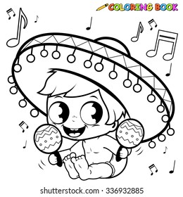 Mariachi baby boy playing the maracas. Vector black and white coloring page.