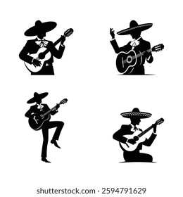 Mariachi Band Guitarist Silhouette Vector Set for Mexican Music Designs