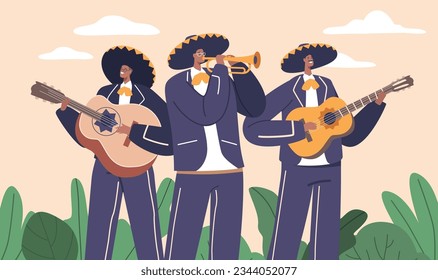 Mariachi Band, Lively Ensemble Of Mexican Musician Characters In Traditional Charro Outfits, Playing Trumpet, Guitar