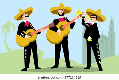 Mariachi-Band. mexikanischer Mann Musiker mit Sombrero und traditionelle Tracht spielen Gitarre und Trompete Pipe musikalische Instrument Vektorgrafik. Musikfestival. Cinco-De-Mayo-Feier
