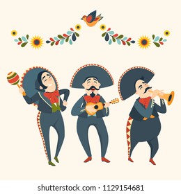 Mariachi band plays plays musical instruments. Mexican party. Set of vector illustrations. Mexican elements for decoration