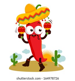 Mariachi chili pepper cartoon playing music with maracas and dancing in the Mexican desert.