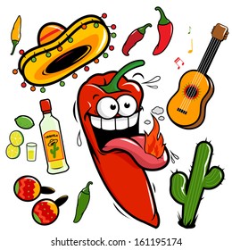 Mariachi chili pepper Mexican collection. Hot cartoon jalapeno Cinco de Mayo party set.  Vector illustration