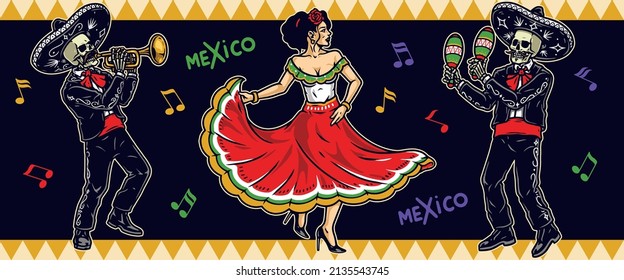 Mariachi colorful vintage concept with skeleton musicians in charro outfits and sombrero playing trumpet and maracas, brunette woman with rose in hair wearing dress dancing on black background with