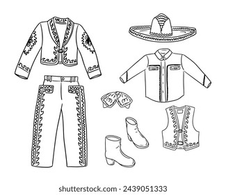 Mariachi costume hand drawn sketch drawings. Vector black outline drawings on white background. Ideal for decoration, coloring pages, stickers, tattoo, pattern