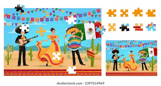 Mariachi, dancer and charro cowboy mexican national characters. Jigsaw puzzle game pieces vector quiz worksheet with cartoon musicians personages, sombrero, guitar and maracas, Mexico flag and cactus