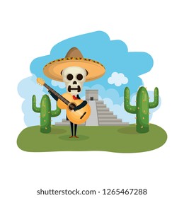 mariachi with death mask in the landscape with pyramid