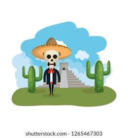 mariachi with death mask in the landscape with pyramid