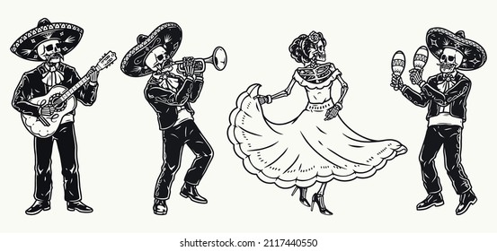 Mariachi ensemble monochrome elements set with dancing skeleton woman in dress, dead musicians in charro outfits playing musical instruments, vector illustration