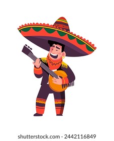 Mariachi. Expressive Mexican musician with banjo wearing traditional sombrero. Vector illustration isolated on white background.