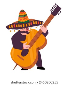 Mariachi. Expressive Mexican musician with cello wearing traditional sombrero. Vector illustration isolated on white background.