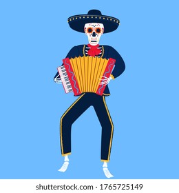 Mariachi. A funny skeleton plays the accordion. Sugar Skull for the Day of the Dead