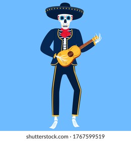 Mariachi. Funny skeleton plays Spanish guitar. Sugar Skull for the Day of the Dead