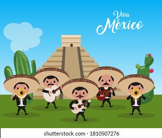 Mariachi group singing at the pyramid. Mexico independence day celebration horizontal banner. Text in Spanish - Long live Mexico