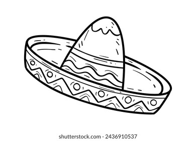 mariachi hat illustration. hand drawn mariachi hat. Sketch of mariachi hat isolated on white background. Sketch of sombrero isolated on white background. Vector illustration.