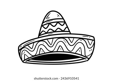 mariachi hat illustration. hand drawn mariachi hat. Sketch of mariachi hat isolated on white background. Sketch of sombrero isolated on white background. Vector illustration.