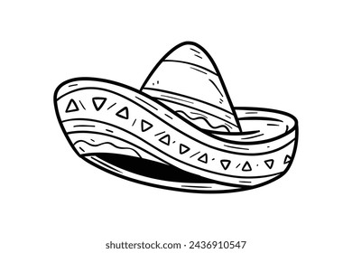 mariachi hat illustration. hand drawn mariachi hat. Sketch of mariachi hat isolated on white background. Sketch of sombrero isolated on white background. Vector illustration.