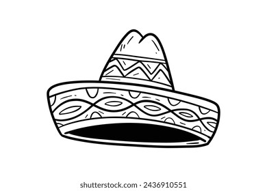 mariachi hat illustration. hand drawn mariachi hat. Sketch of mariachi hat isolated on white background. Sketch of sombrero isolated on white background. Vector illustration.