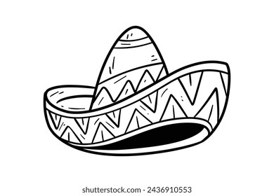 mariachi hat illustration. hand drawn mariachi hat. Sketch of mariachi hat isolated on white background. Sketch of sombrero isolated on white background. Vector illustration.