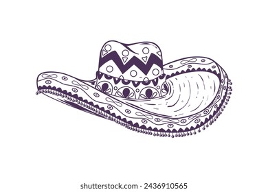 mariachi hat illustration. hand drawn mariachi hat. Sketch of mariachi hat isolated on white background. Sketch of sombrero isolated on white background. Vector illustration.