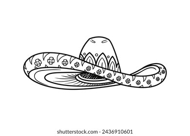 mariachi hat illustration. hand drawn mariachi hat. Sketch of mariachi hat isolated on white background. Sketch of sombrero isolated on white background. Vector illustration.