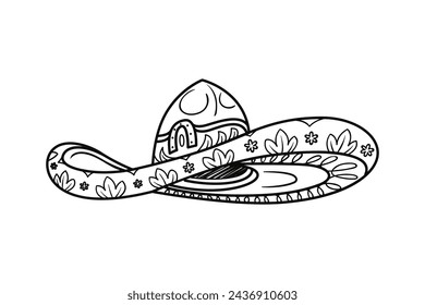 mariachi hat illustration. hand drawn mariachi hat. Sketch of mariachi hat isolated on white background. Sketch of sombrero isolated on white background. Vector illustration.