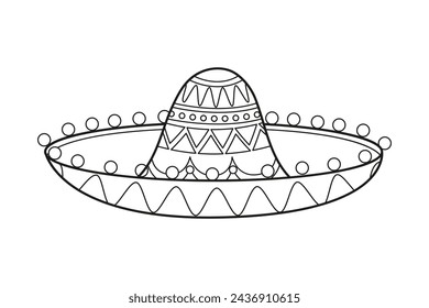 mariachi hat illustration. hand drawn mariachi hat. Sketch of mariachi hat isolated on white background. Sketch of sombrero isolated on white background. Vector illustration.